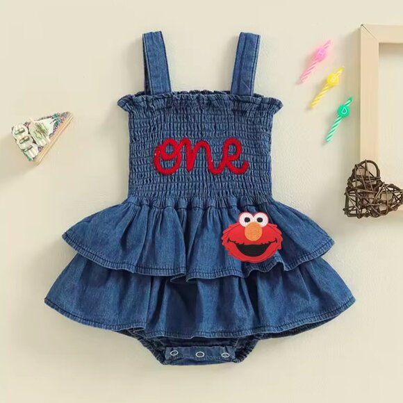 Denim Girl Dress First Birthday clothes Sesame Street outfit Elmo Dress Sundress